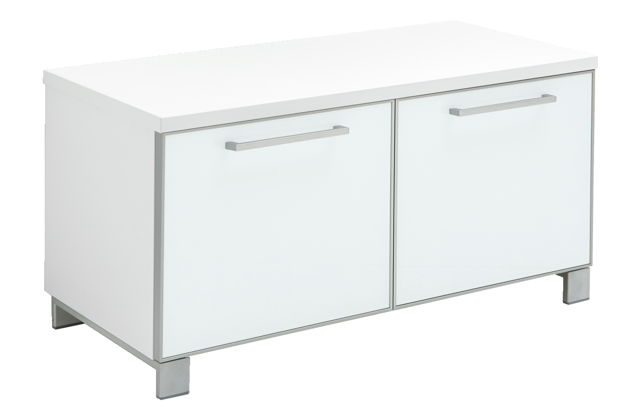VOSS Garderobenbank SANTINA Weiße Garderobenbank der Serie SANTINA von VOSS mit zwei Türen und silbernen Griffen, seitliche Perspektive