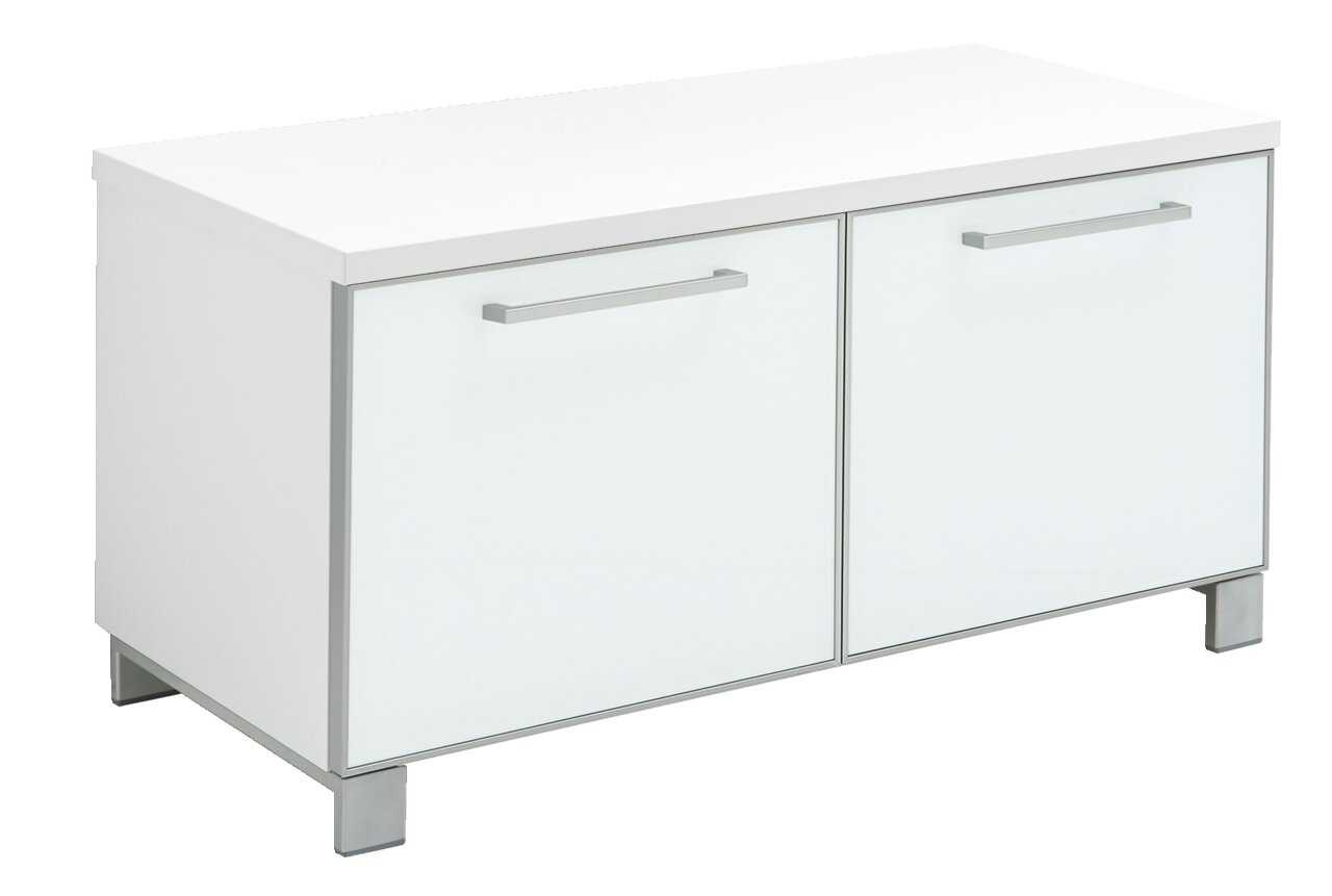 VOSS Garderobenbank SANTINA Weiße Garderobenbank der Serie SANTINA von VOSS mit zwei Türen und silbernen Griffen, seitliche Perspektive