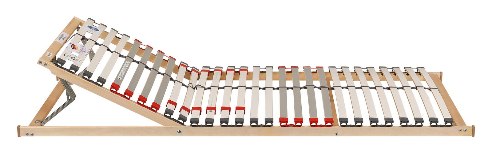 Seitliche Ansicht eines verstellbaren Lattenrosts mit Holzrahmen und flexiblen Leisten, geeignet für Matratzen-Rahmen-Set H3.