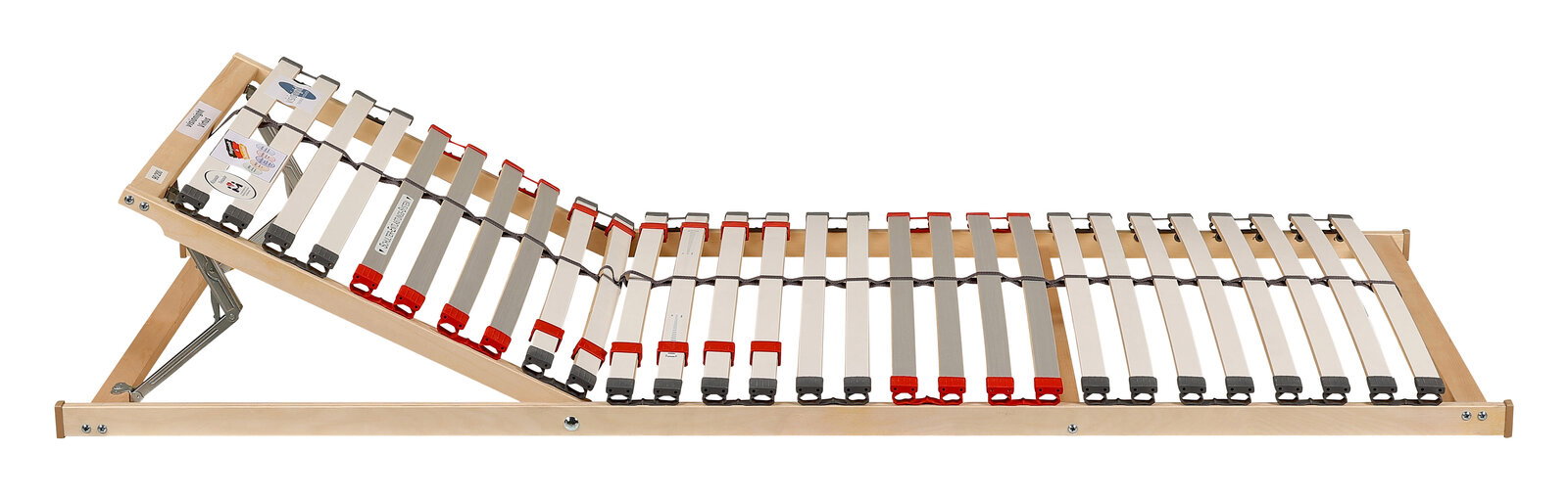 Seitliche Ansicht eines verstellbaren Lattenrosts mit Holzrahmen und flexiblen Leisten, geeignet für Matratzen-Rahmen-Set H3.