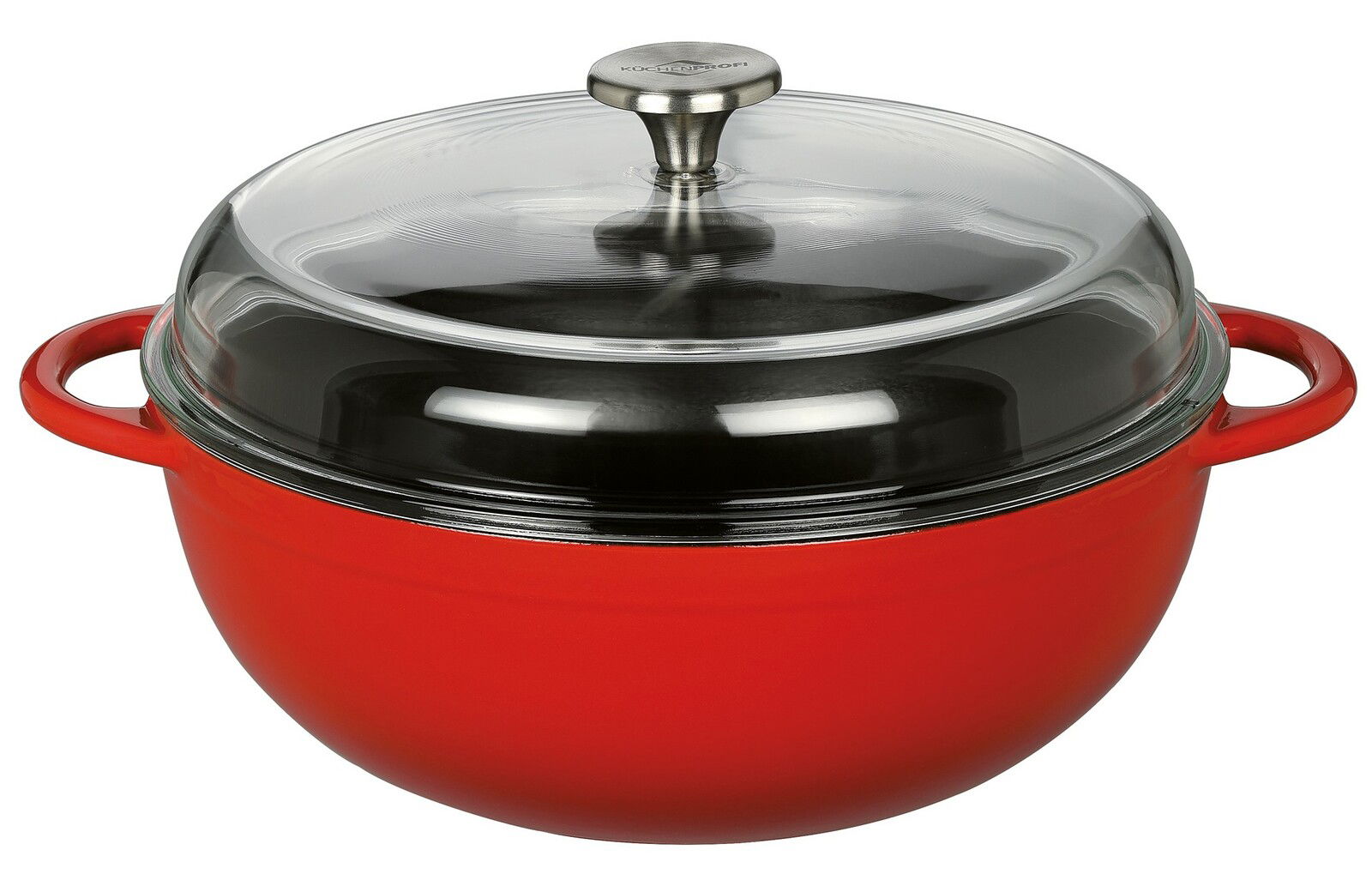 Rote Schmorpfanne MARMITE, 28 cm, mit Glasdeckel, seitliche Perspektive