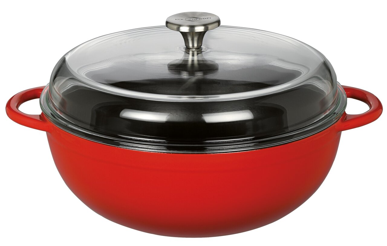 Rote Schmorpfanne MARMITE, 28 cm, mit Glasdeckel, seitliche Perspektive