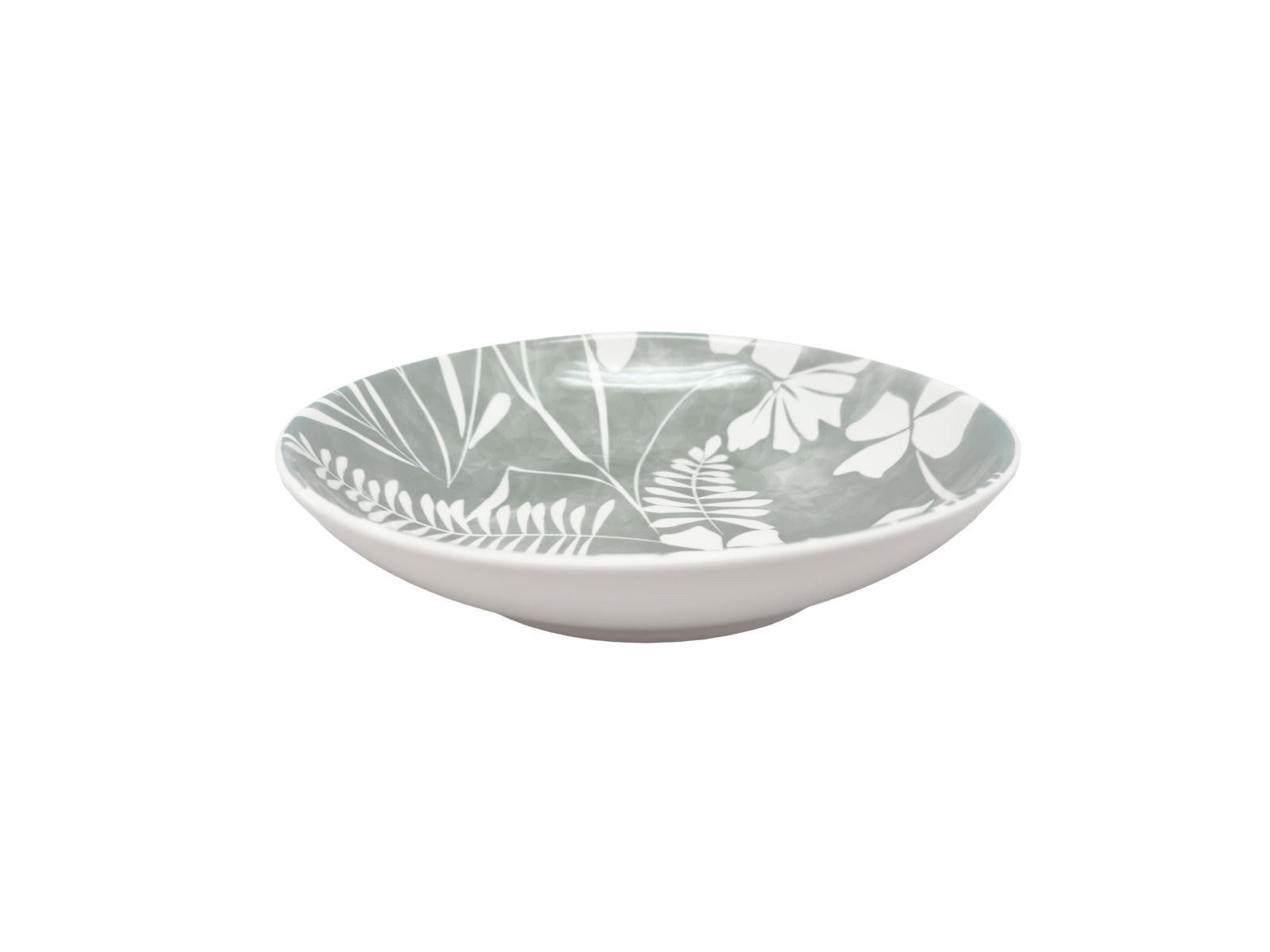 Schale mit floralem Muster in Grau und Weiß, seitliche Perspektive