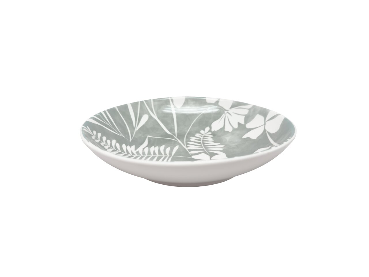 Schale mit floralem Muster in Grau und Weiß, seitliche Perspektive