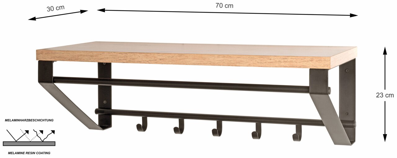 Wandkapstok met houten plank en vijf haken, zijaanzicht