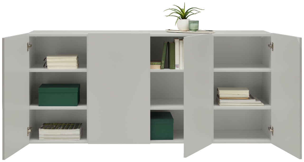 Hängesideboard mit geöffneten Türen, gefüllt mit Büchern und einer grünen Box, aus frontaler Perspektive.