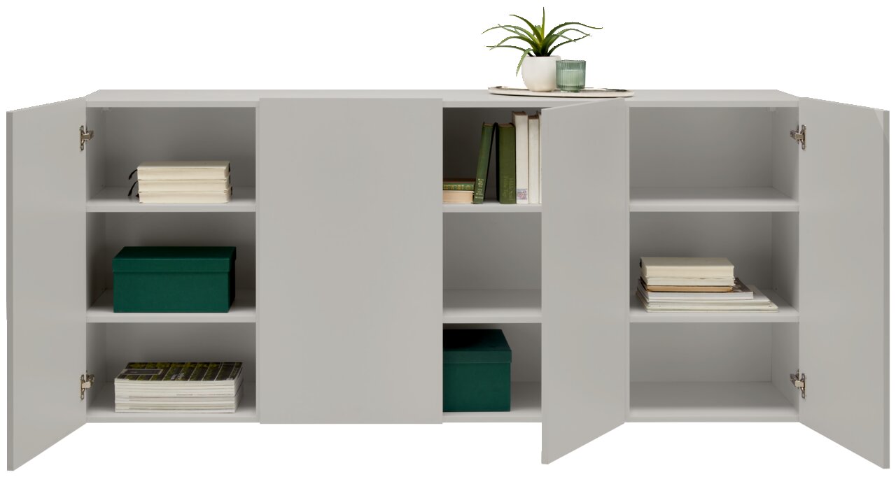 Hangend dressoir met open deuren, gevuld met boeken en een groene doos, gezien van voren.