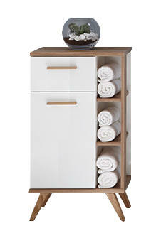 XORA Unterschrank NOVENTA Moderner Unterschrank mit weißen Türen und offenen Regalfächern, gefüllt mit Handtüchern, aus einer frontalen Perspektive.