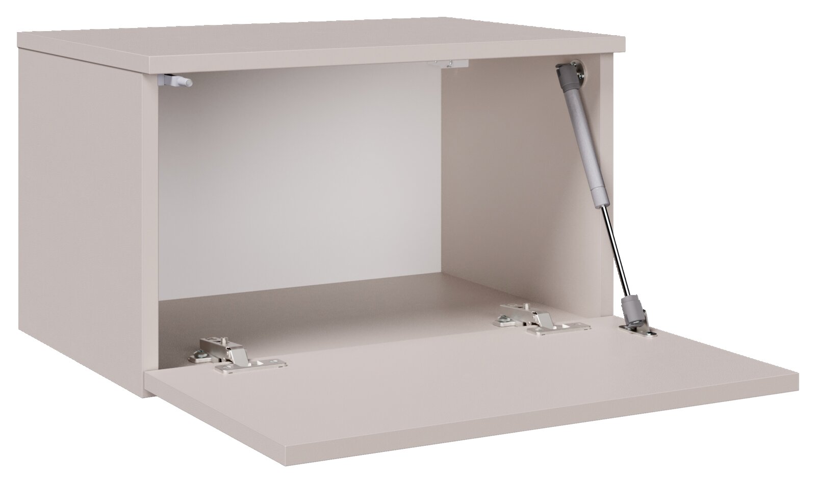 Geöffneter weißer Hängeschrank mit nach unten klappender Front, sichtbaren Scharnieren und Gasdruckdämpfer rechts, Ansicht schräg von vorne
