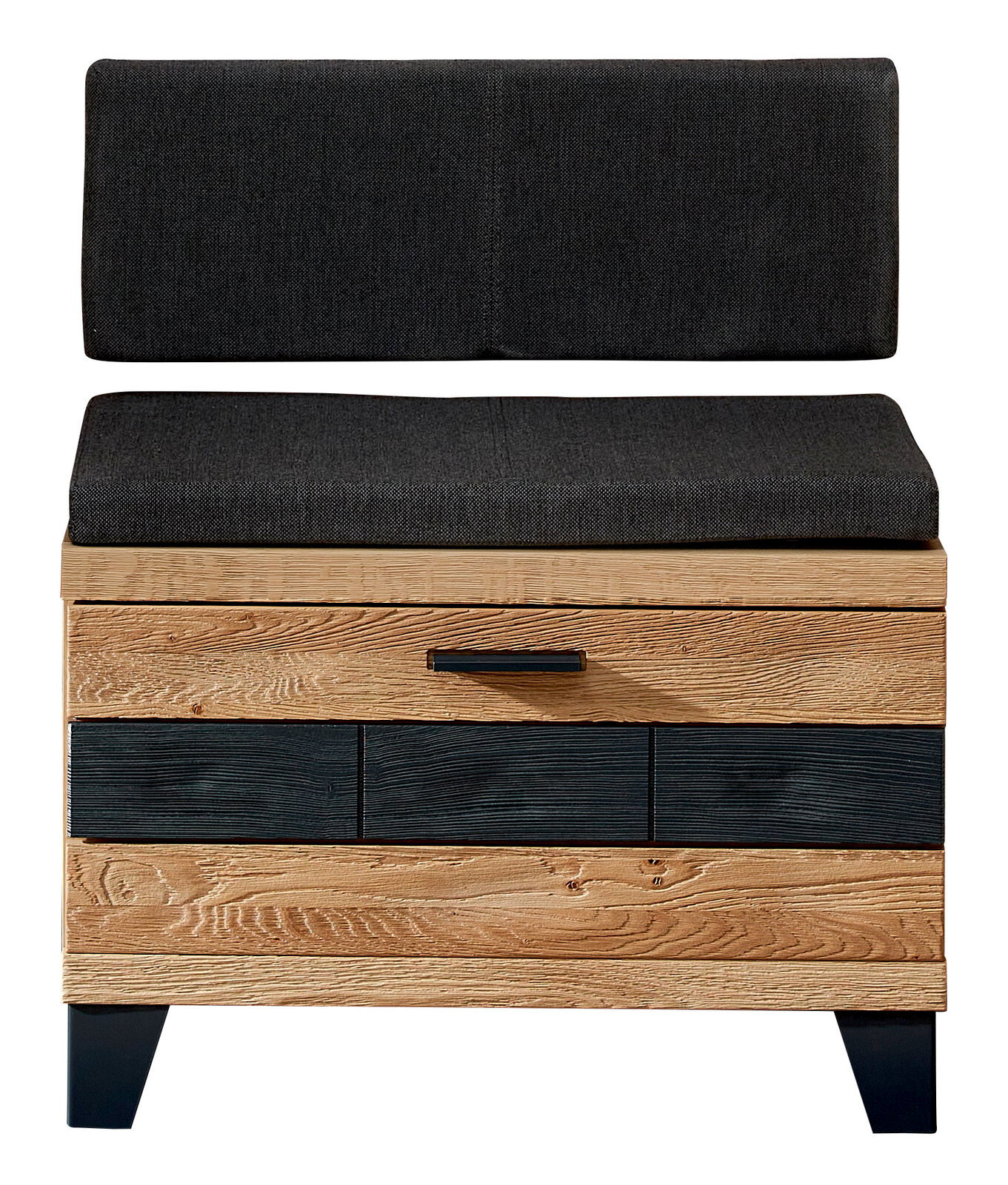 Linea Natura Garderobenbank PERSIKO Garderobenbank aus Holz mit schwarzem Polster, Frontalansicht