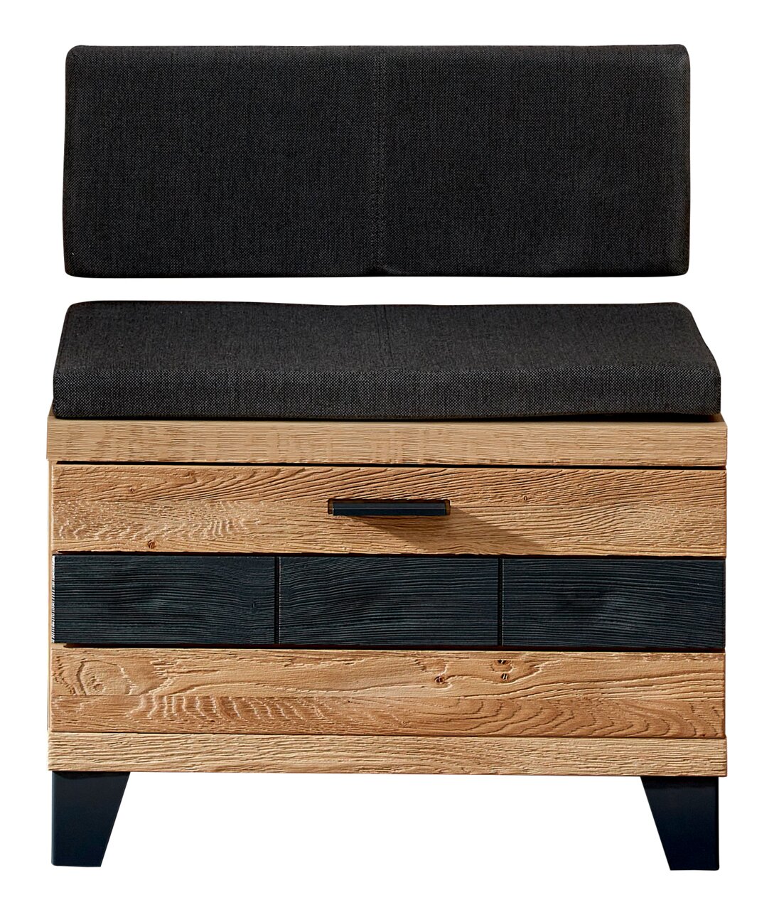 Garderobenbank aus Holz mit schwarzem Polster, Frontalansicht