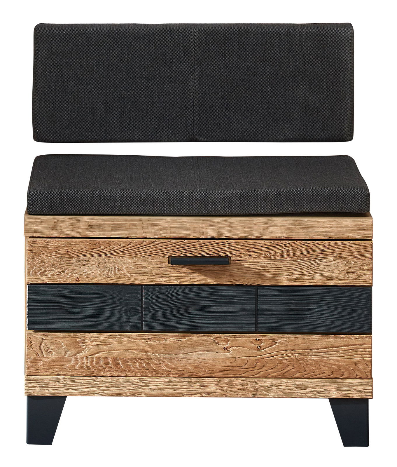 Garderobenbank aus Holz mit schwarzem Polster, Frontalansicht