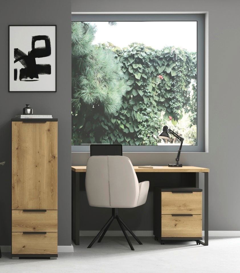 XORA Rollcontainer ENDORA-F Rollcontainer aus Holz mit zwei Schubladen, auf Rollen, in einem modernen Büro mit Schreibtisch und Stuhl, seitliche Perspektive.