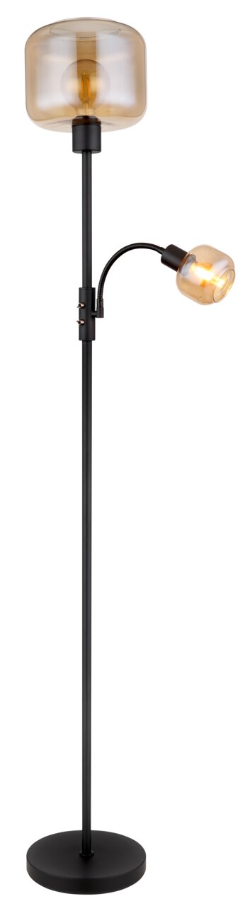 Moderne Stehleuchte mit zwei Leuchtkörpern, einer großen oberen und einer kleineren seitlichen, in schwarzem Metallgestell, seitliche Perspektive.