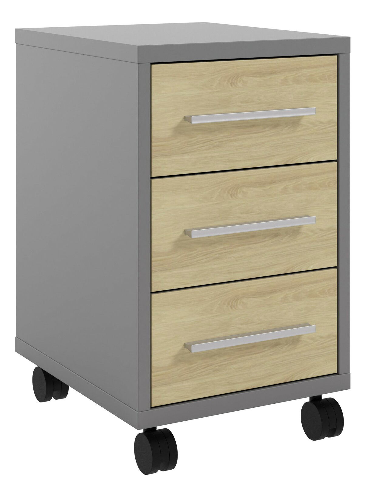 Manjana Rollcontainer TEXAS Rollcontainer mit drei Schubladen in Holzoptik und grauem Rahmen, auf Rollen, perspektivisch von vorne links