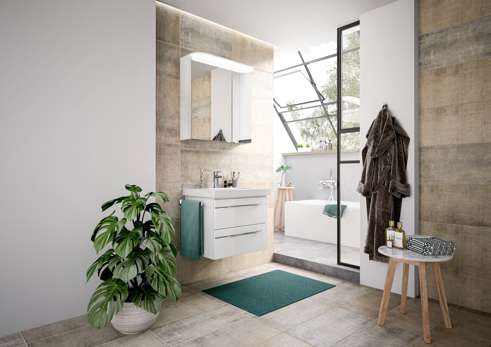 Moderne Badezimmeransicht mit Waschbeckenunterschrank, Spiegel und Pflanzen, seitliche Perspektive.