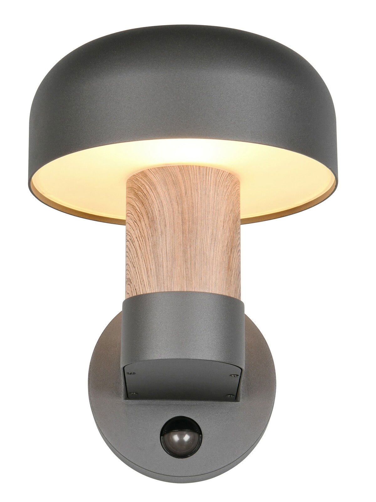 LED-Außenwandleuchte in modernem Design mit dunklem Schirm und Holzoptik, frontale Ansicht