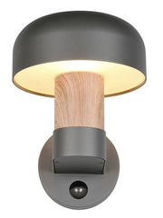 LED-Außenwandleuchte in modernem Design mit dunklem Schirm und Holzoptik, frontale Ansicht