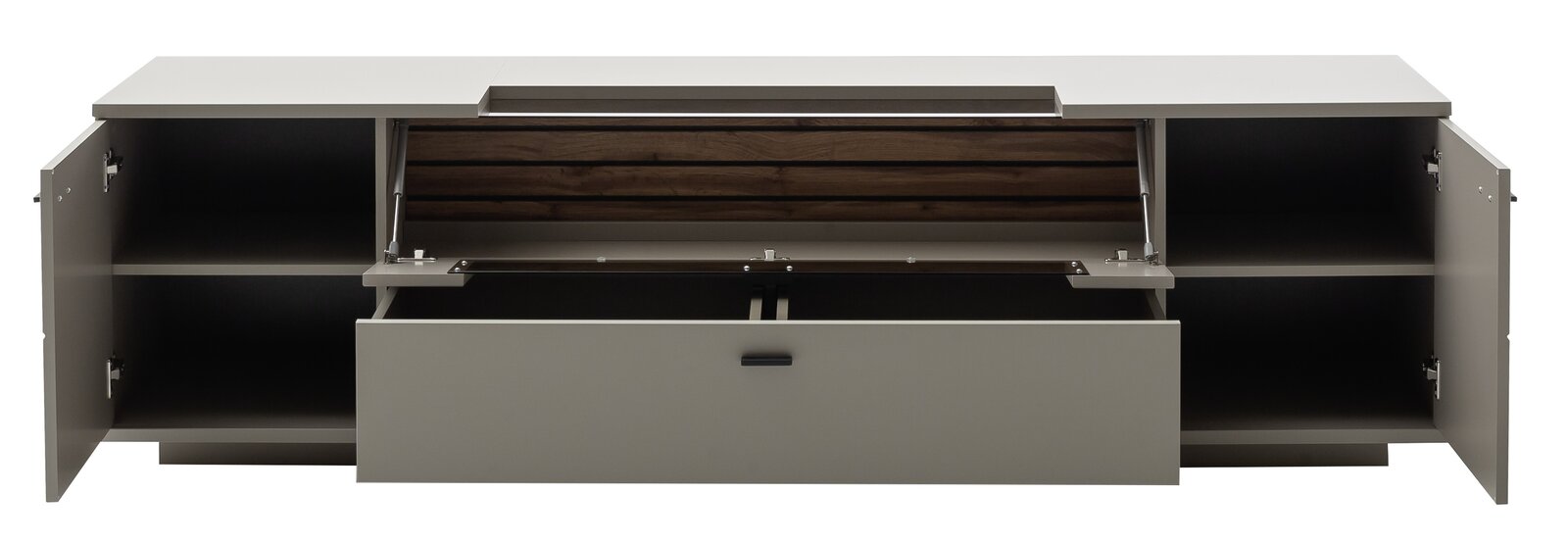 Modernes Sideboard/TV-Lowboard in Grau mit Holzrückwand, geöffnet mit zwei Seitentüren, großer Schublade und aufgeklappter Mittelfachklappe, Frontansicht.