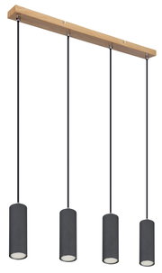 Moderne Hängeleuchte mit vier zylinderförmigen Lampenschirmen in Schwarz, aufgehängt an einem Holzträger. Seitenansicht.