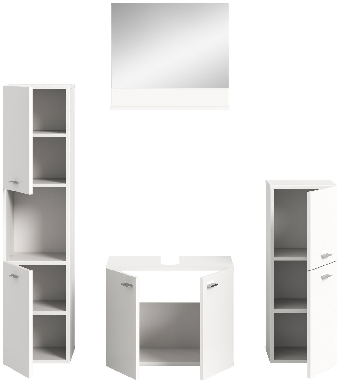 Badezimmermöbel-Set bestehend aus einem großen Spiegel, zwei hohen Schränken mit offenen Türen und einem Waschbeckenunterschrank, frontal betrachtet.