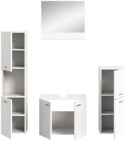 Badezimmermöbel-Set bestehend aus einem großen Spiegel, zwei hohen Schränken mit offenen Türen und einem Waschbeckenunterschrank, frontal betrachtet.
