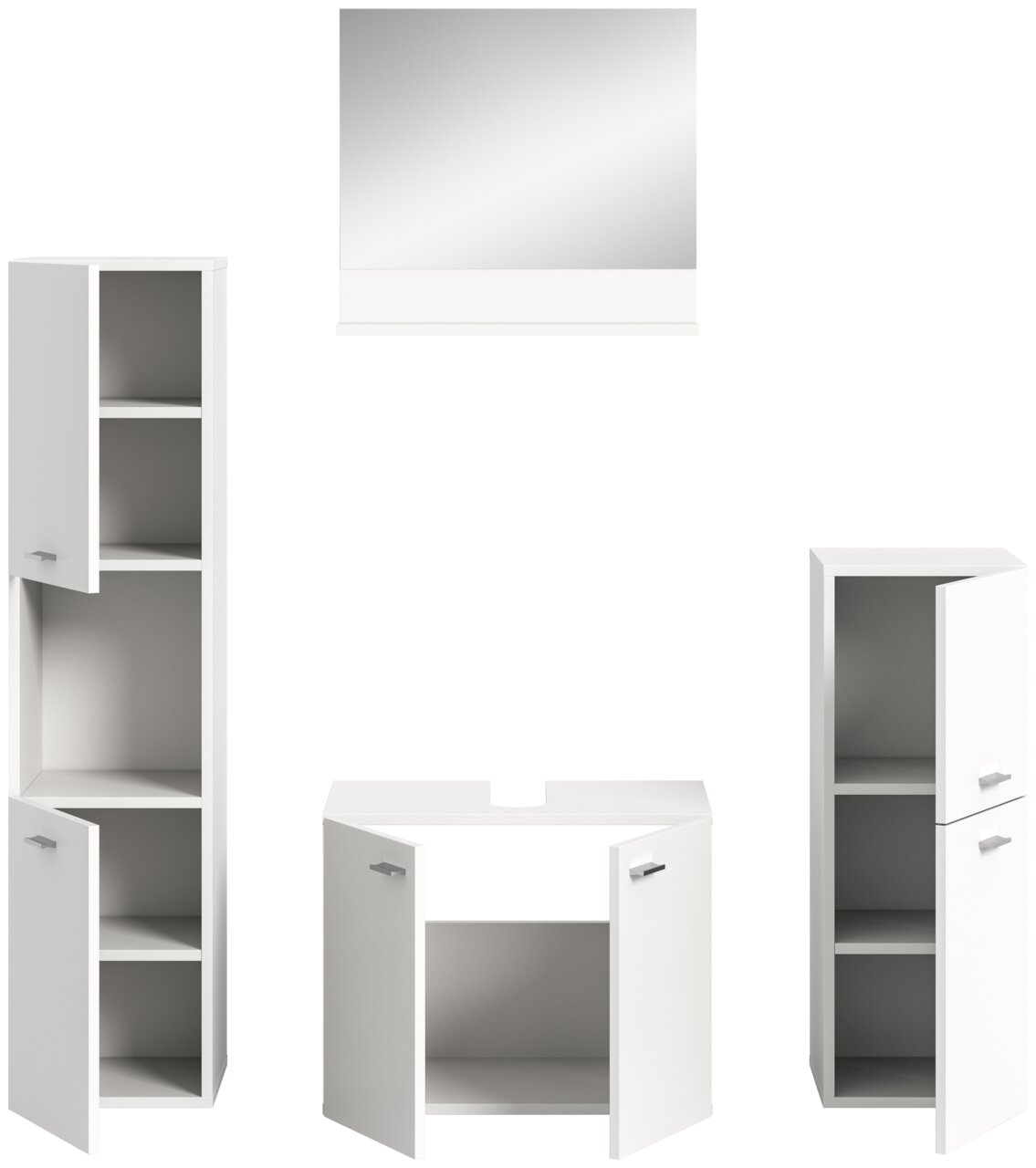 Badezimmermöbel-Set bestehend aus einem großen Spiegel, zwei hohen Schränken mit offenen Türen und einem Waschbeckenunterschrank, frontal betrachtet.
