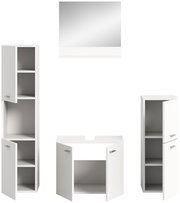 Badezimmermöbel-Set bestehend aus einem großen Spiegel, zwei hohen Schränken mit offenen Türen und einem Waschbeckenunterschrank, frontal betrachtet.