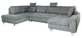 Graues Ecksofa in U-Form mit verstellbaren Kopfstützen und Kissen, Perspektive von vorne rechts
