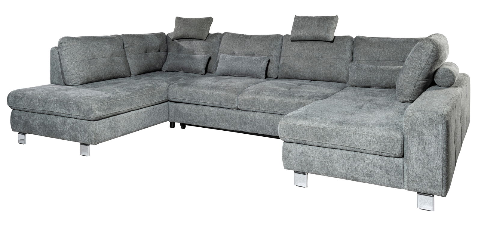 Graues Ecksofa in U-Form mit verstellbaren Kopfstützen und Kissen, Perspektive von vorne rechts