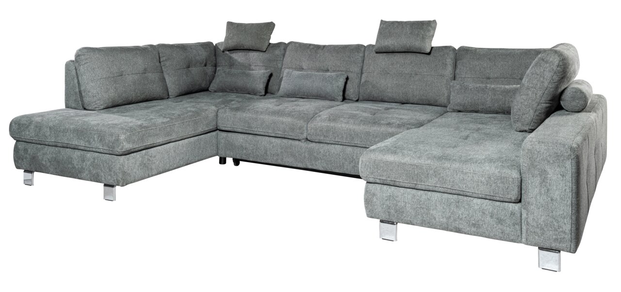 Graues Ecksofa in U-Form mit verstellbaren Kopfstützen und Kissen, Perspektive von vorne rechts