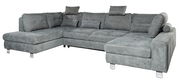 Graues Ecksofa in U-Form mit verstellbaren Kopfstützen und Kissen, Perspektive von vorne rechts