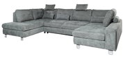 Graues Ecksofa in U-Form mit verstellbaren Kopfstützen und Kissen, Perspektive von vorne rechts