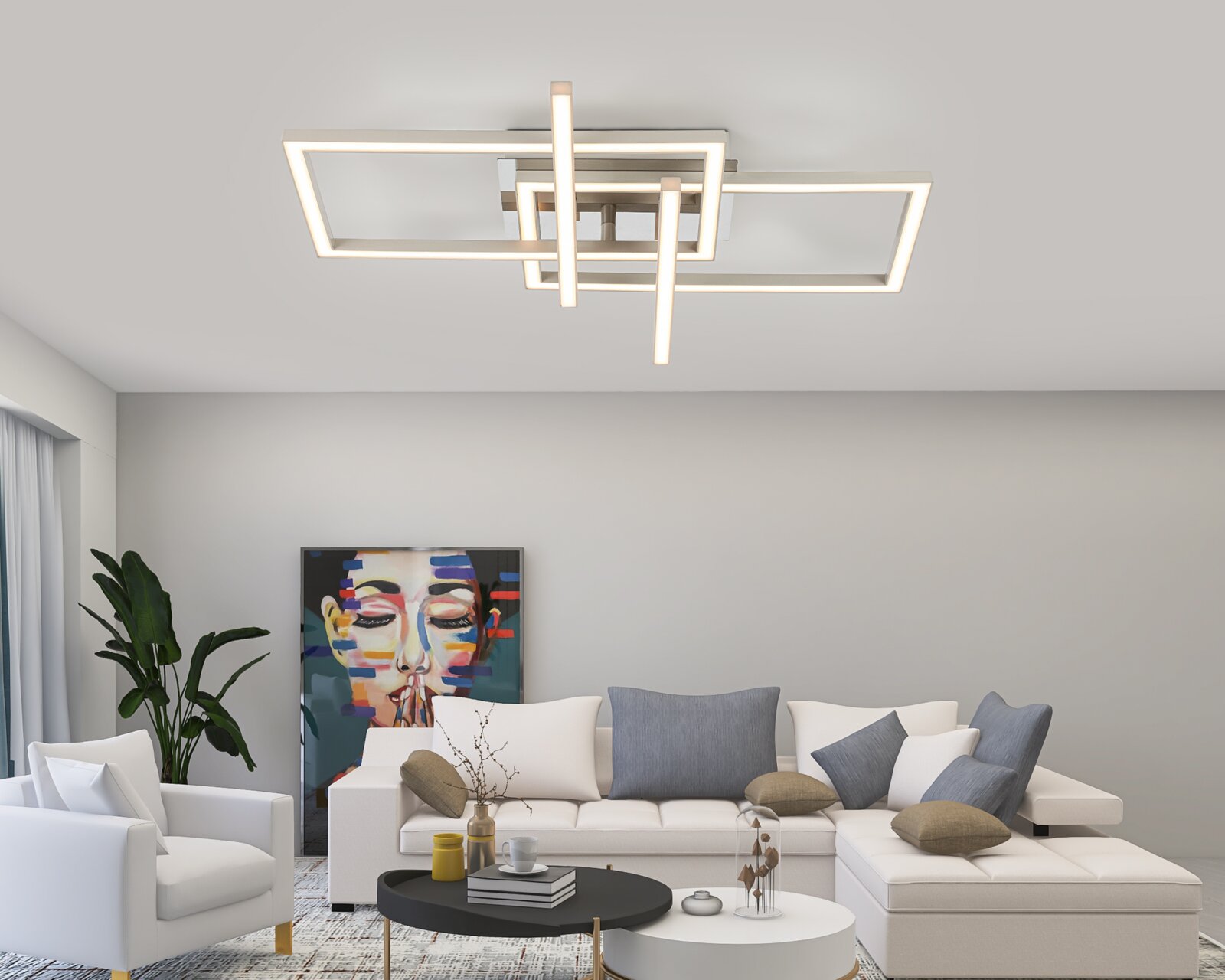 Moderne LED-Deckenleuchte in geometrischem Design, von unten betrachtet, in einem stilvollen Wohnzimmer mit Kunstwerk und Pflanzen.
