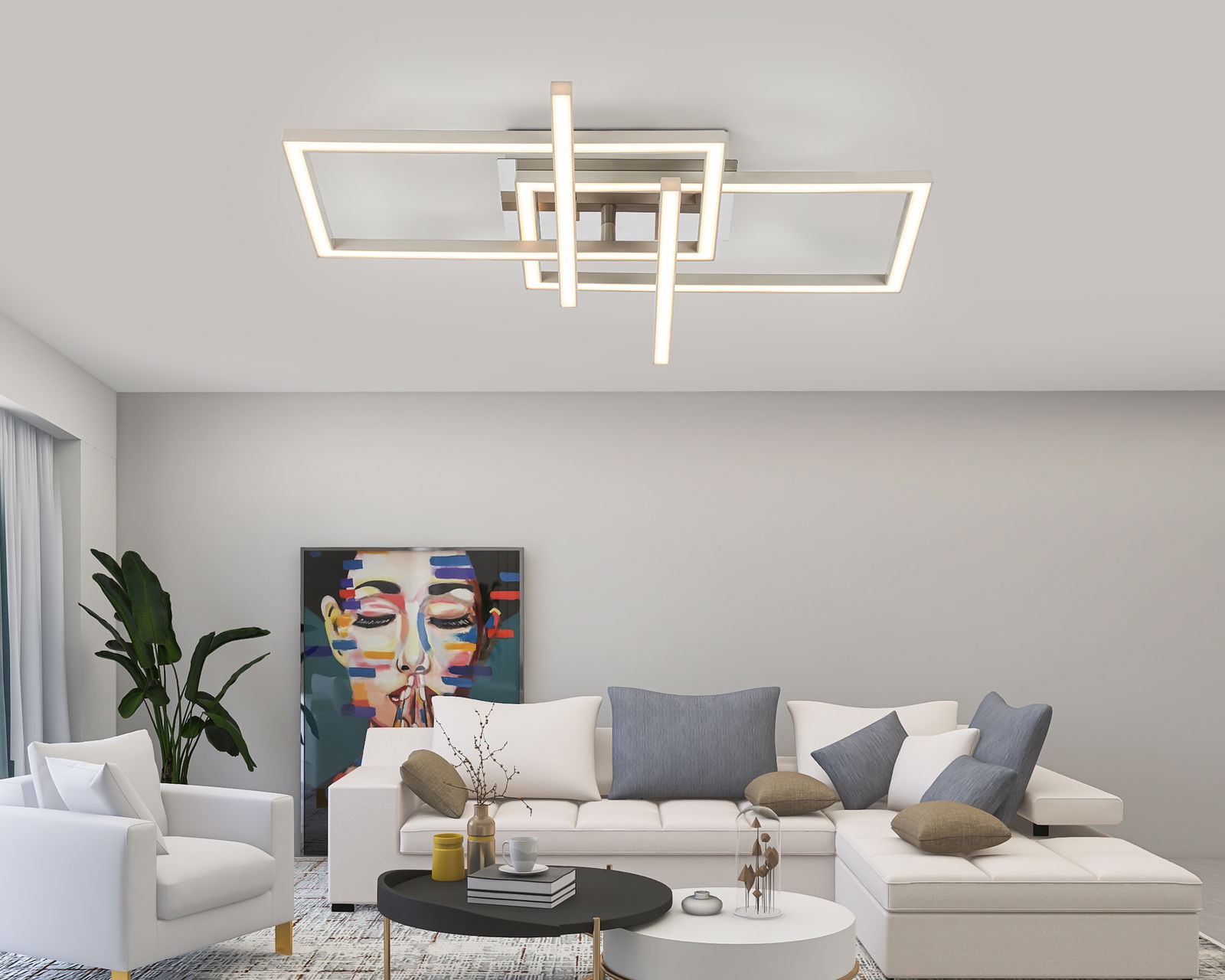Moderne LED-Deckenleuchte in geometrischem Design, von unten betrachtet, in einem stilvollen Wohnzimmer mit Kunstwerk und Pflanzen.