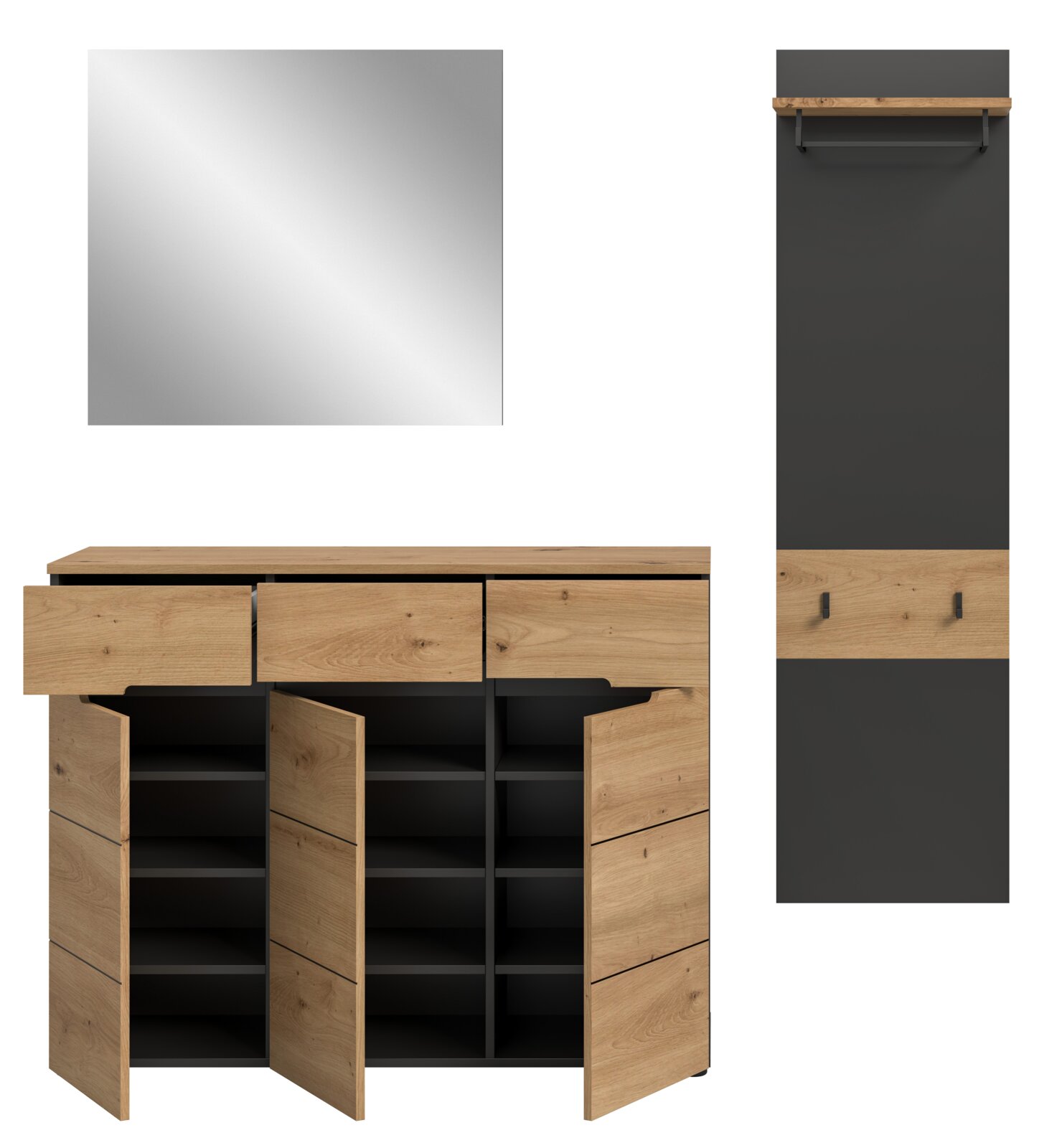 Modernes Garderoben-Set in Eiche-Optik und Anthrazit: Schuhschrank mit drei Schubladen und drei geöffneten Türen mit Regalböden, dazu Wandpaneel mit Ablage und Haken sowie quadratischer Spiegel; Ansicht frontal.