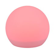 Rosa leuchtende Solar-Außenleuchte MELO in Kugelform, frontal betrachtet.