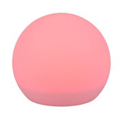 Rosa leuchtende Solar-Außenleuchte MELO in Kugelform, frontal betrachtet.