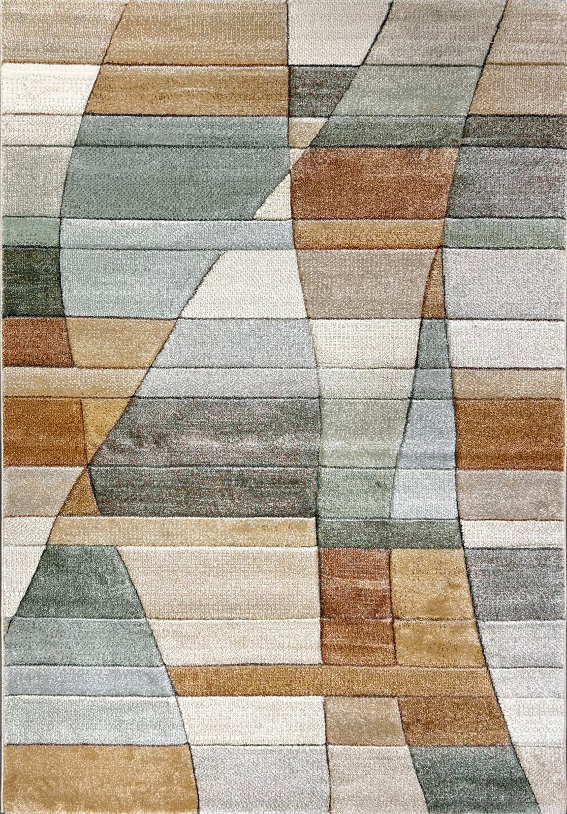 Modern tapijt in pastelkleuren met een geometrisch patroon, bovenaanzicht