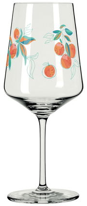 Weinglas mit buntem Frucht- und Blattmuster, seitliche Perspektive