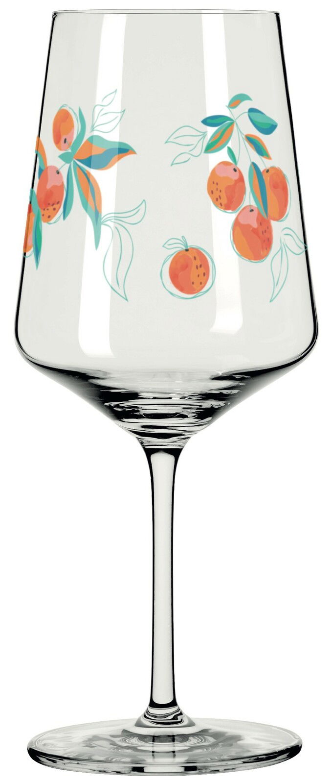 Weinglas mit buntem Frucht- und Blattmuster, seitliche Perspektive