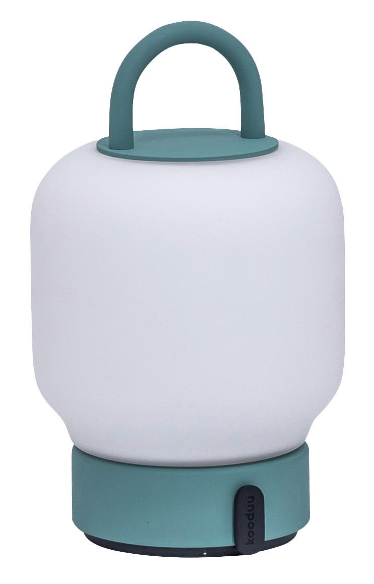 Tragbare Lampe in Smokey Teal mit Griff, seitliche Perspektive
