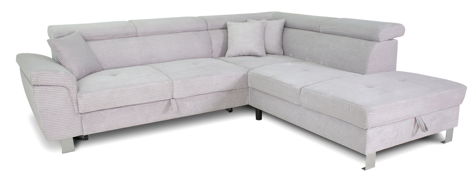 Graues Ecksofa mit modernem Design, gestreiftem Stoffbezug und verstellbaren Kopfstützen, Perspektive von vorne rechts.