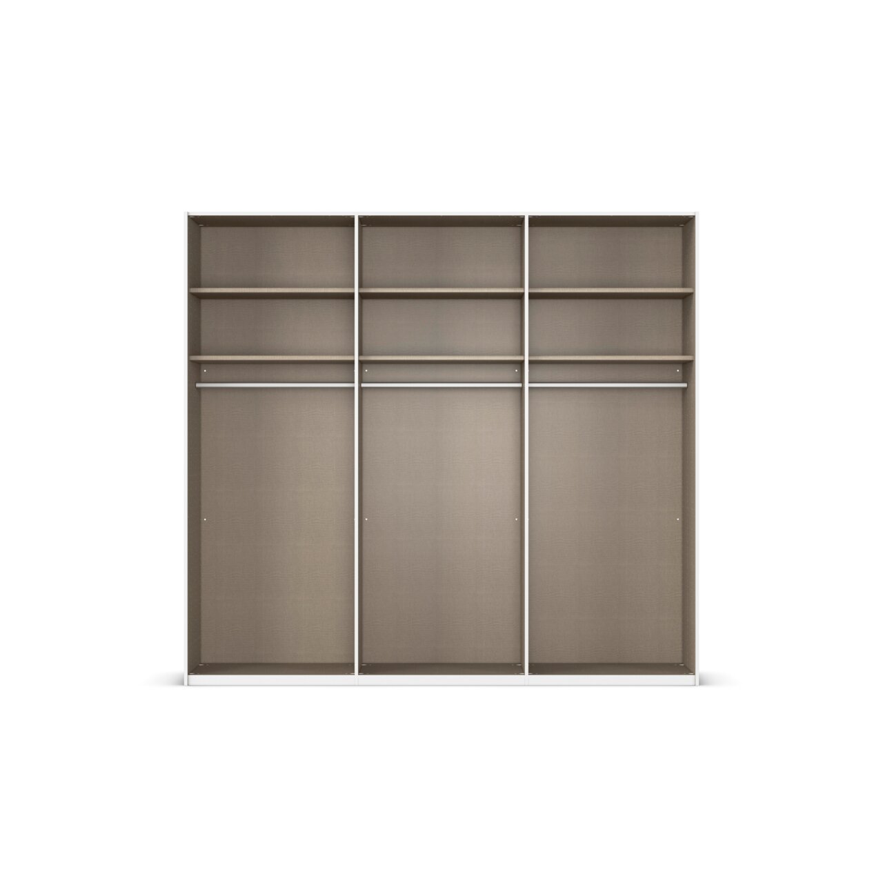 Frontansicht eines dreitürigen Schwebetürenschranks mit offenen Fächern und Kleiderstangen.
