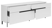 Weißes TV-Lowboard mit offenen Schubladen, seitliche Perspektive