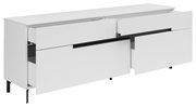 Weißes TV-Lowboard mit offenen Schubladen, seitliche Perspektive