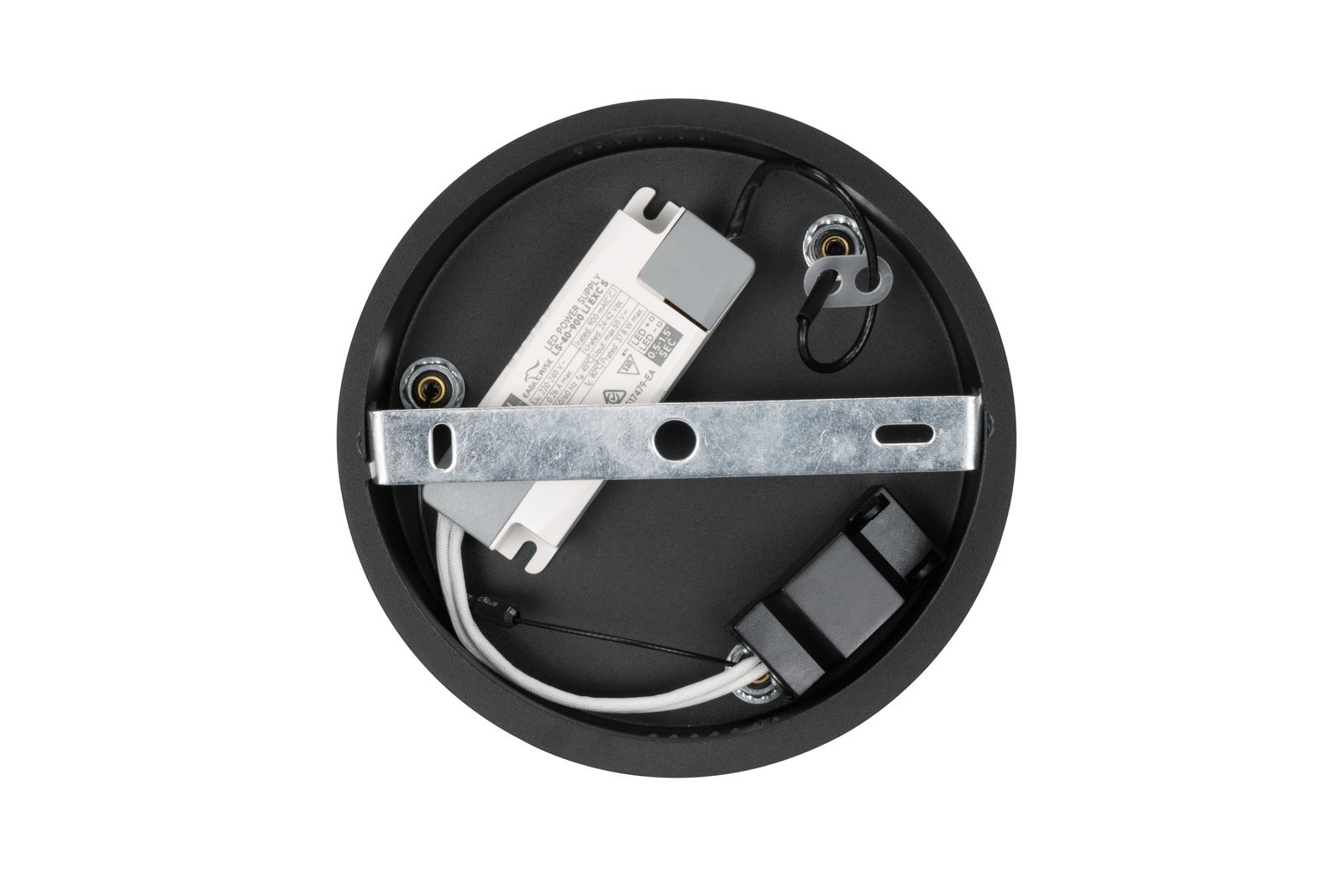 Runde LED-Hängeleuchte von oben mit sichtbarer Verkabelung und Montagehalterung.