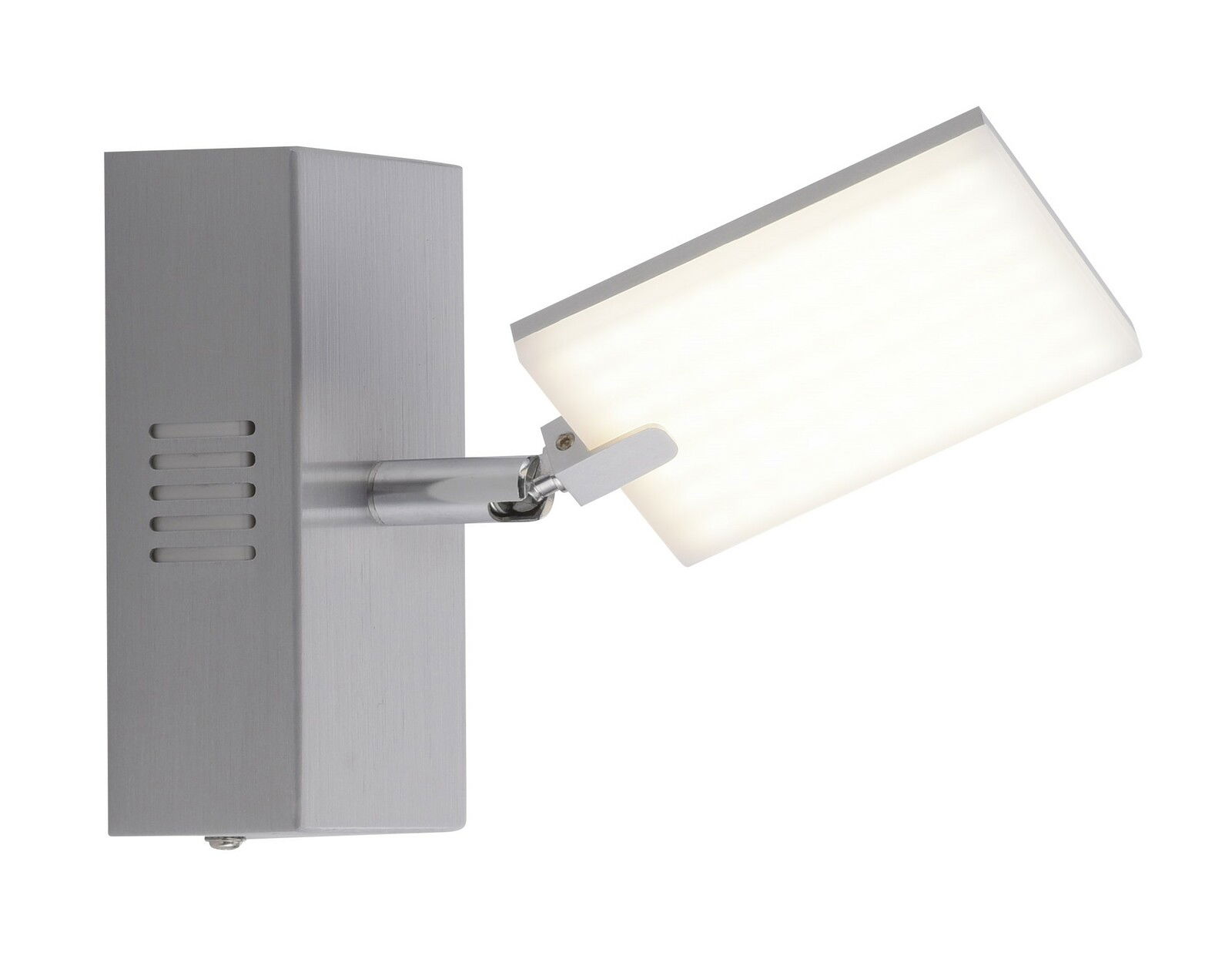 Moderne Wandleuchte aus Aluminium mit rechteckigem, schwenkbarem Leuchtkörper, seitliche Perspektive