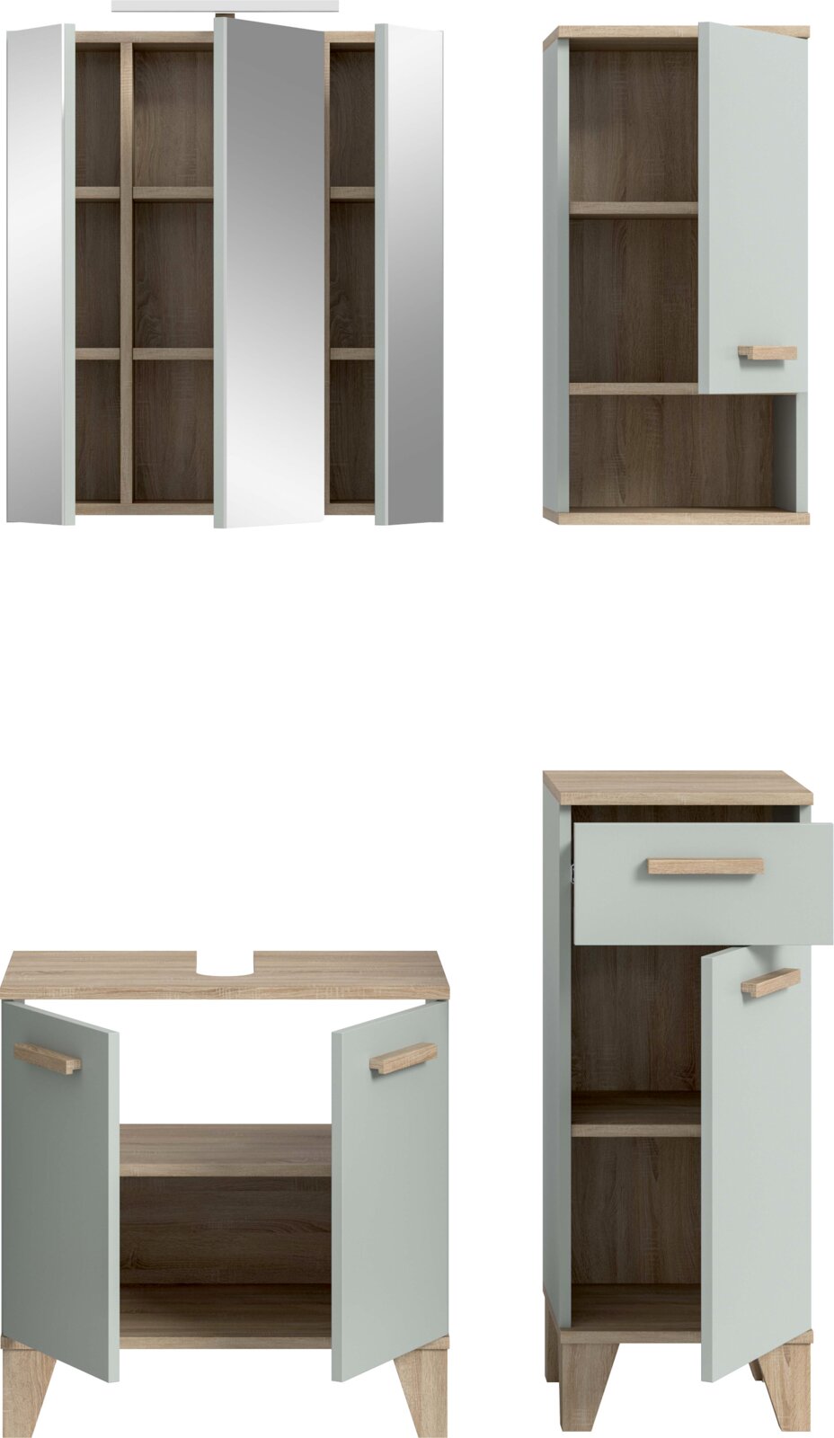 Badezimmermöbel-Set mit Spiegelschrank und Waschtischunterschrank in Hellgrau und Eicheoptik, Türen und Schublade geöffnet, perspektivische Frontansicht