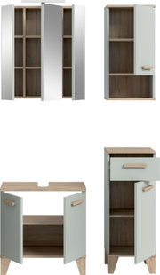 Badezimmermöbel-Set mit Spiegelschrank und Waschtischunterschrank in Hellgrau und Eicheoptik, Türen und Schublade geöffnet, perspektivische Frontansicht